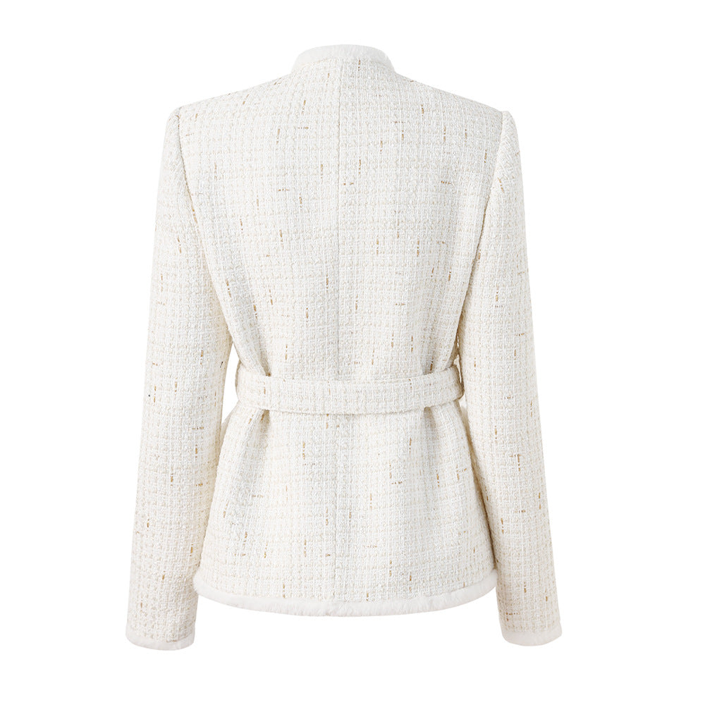 ‘Socialite's Dream’ - White woolen patchwork small stand up collar with lace up new light luxury jacket trendy top