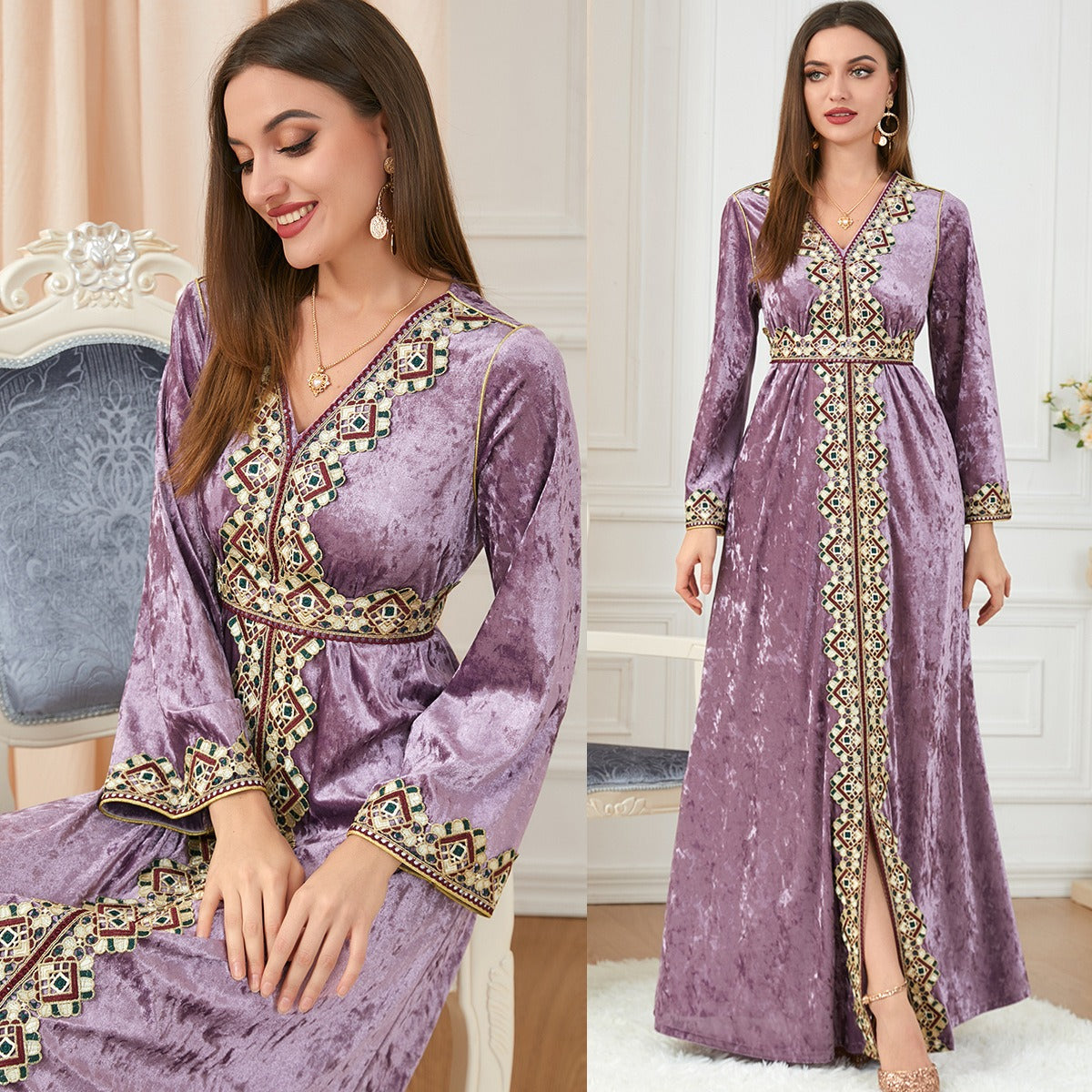 Muslim women's autumn and winter new loose fitting V-neck high-end women's long sleeved golden velvet dress