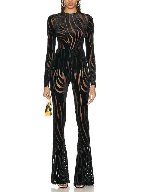 Suit Set Women's Elastic Perspective Embossed Velvet Playsuit Tops Flare Pants 2pcs