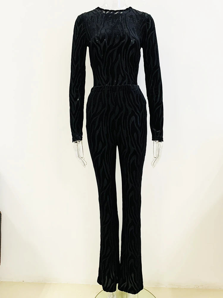 Suit Set Women's Elastic Perspective Embossed Velvet Playsuit Tops Flare Pants 2pcs