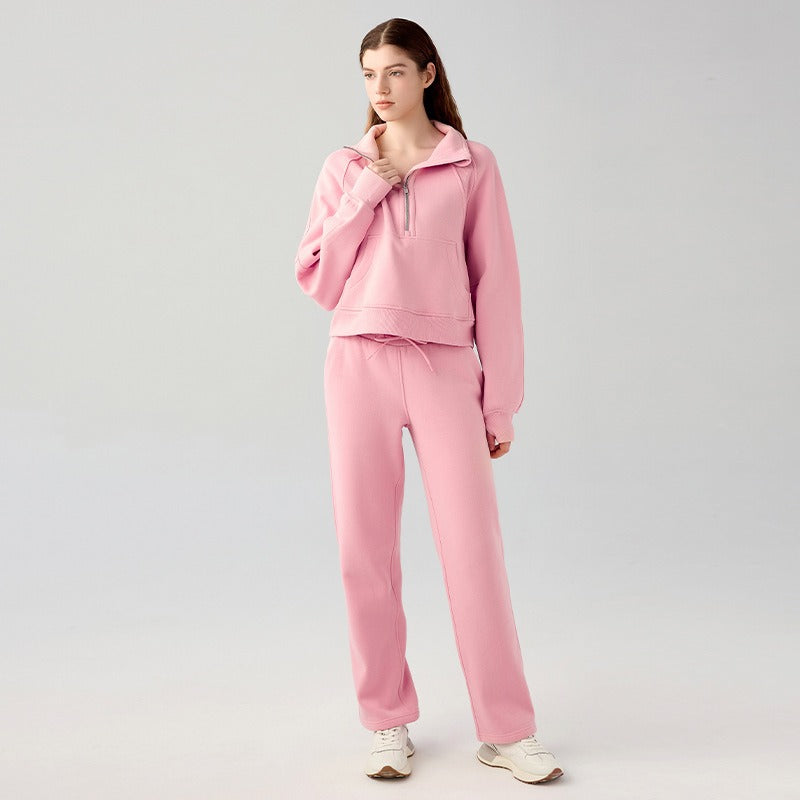 New velvet loose short sports sweatshirt with stand collar windproof and warm with pockets casual sports jacket for women