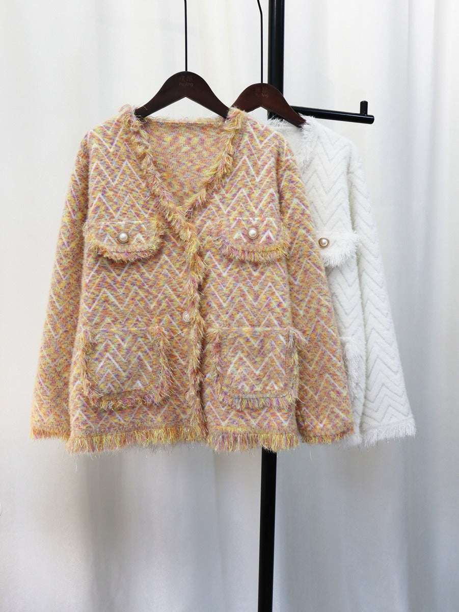 Imitation mink velvet knitted cardigan sweater jacket