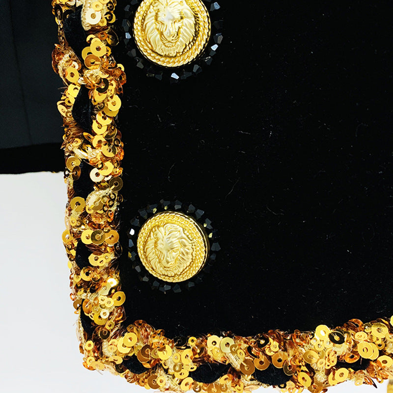 European and American star fashion new heavy industry nail bead sequin chain velvet short jacket cardigan jacket