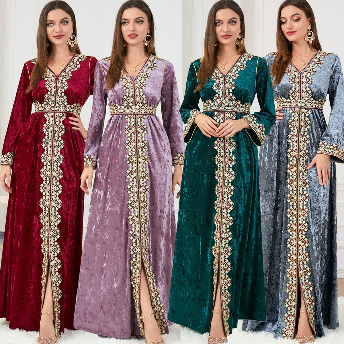 Muslim women's autumn and winter new loose fitting V-neck high-end women's long sleeved golden velvet dress