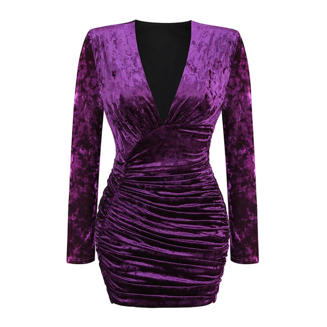 New Autumn Women's Sexy V-neck Long Sleeve Pleated Velvet Tight Mini Dress Elegant Celebrity Party Dress