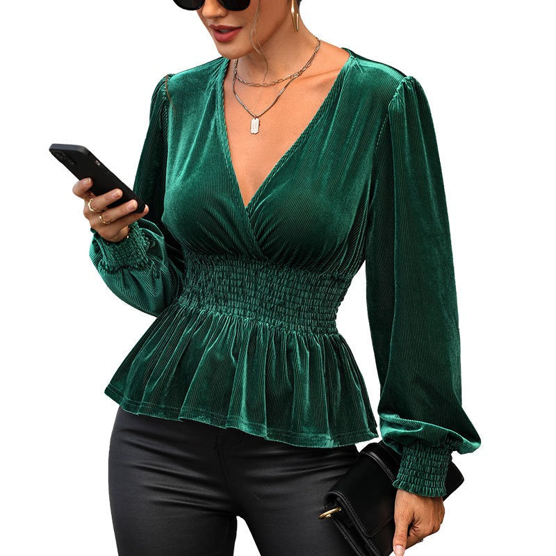 New European and American autumn women's long sleeved solid velvet shirt