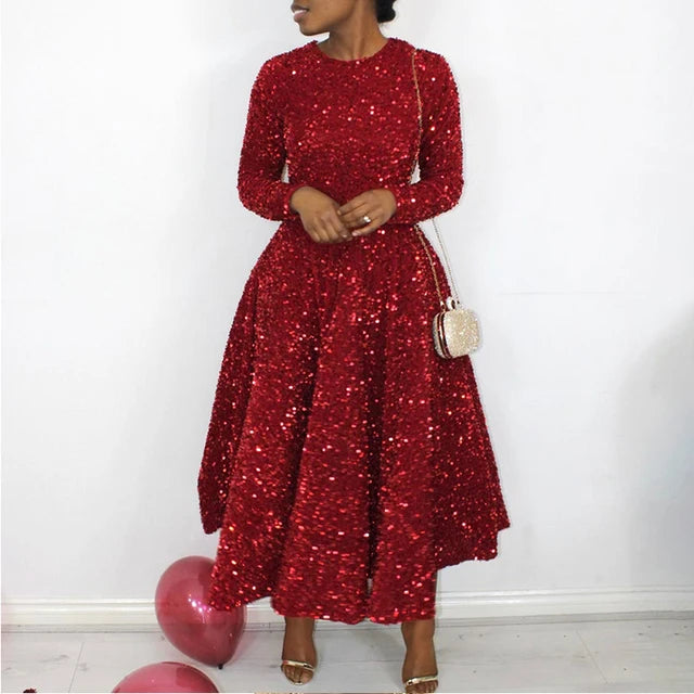 Sequins Velvet Long A-line Dress O-neck Long Sleeve High Waist Spring Shiny Evening Party Dresses Female Slim Fashion Robe