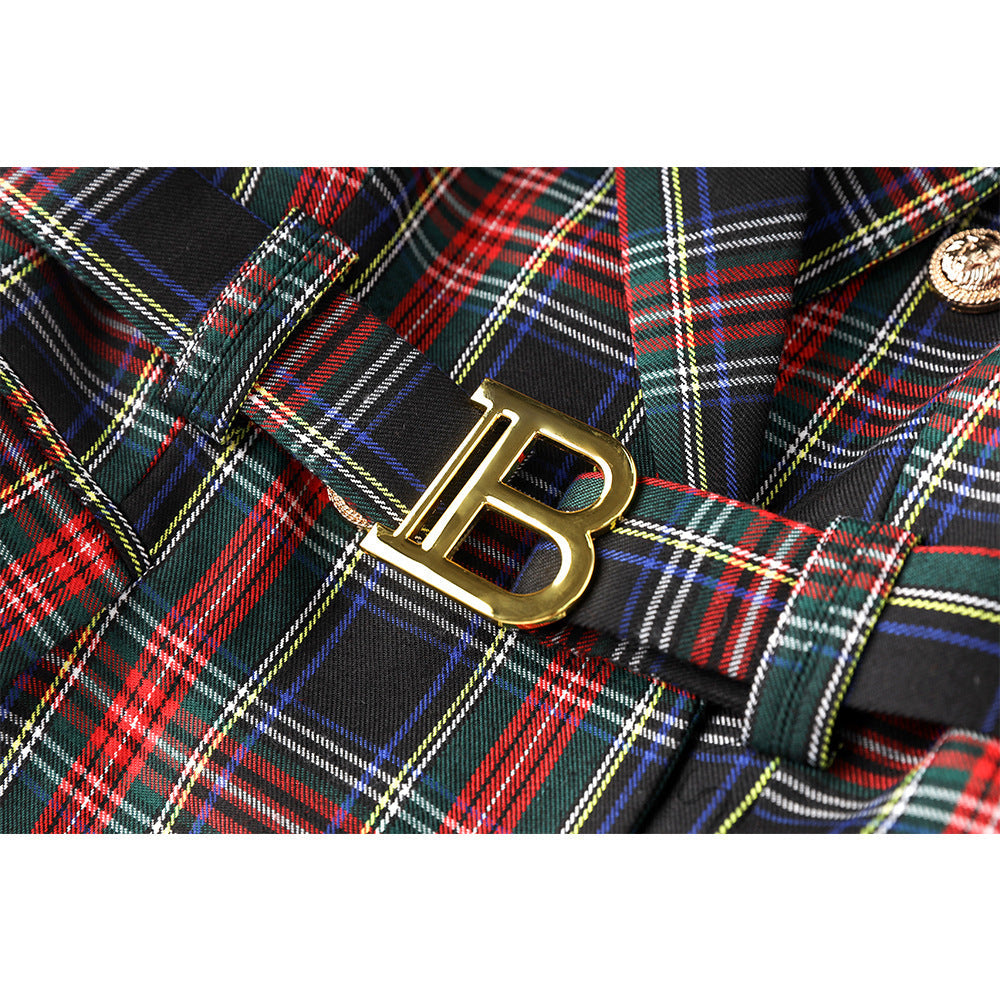 ‘B: The Beginning’ - Red and black checkered temperament waist cinching suit skirt B-belt skirt commuting suit dress