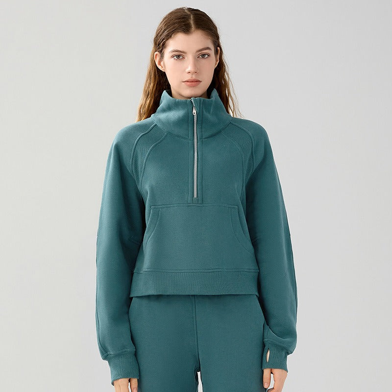 New velvet loose short sports sweatshirt with stand collar windproof and warm with pockets casual sports jacket for women