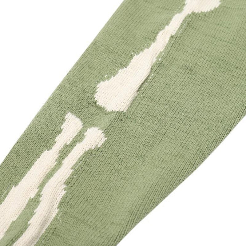 Men Oversized Sweater Green Loose Skeleton Bone Printing Woman High Quality High Street Damage Hole Vintage 1:1 Knitted Sweater