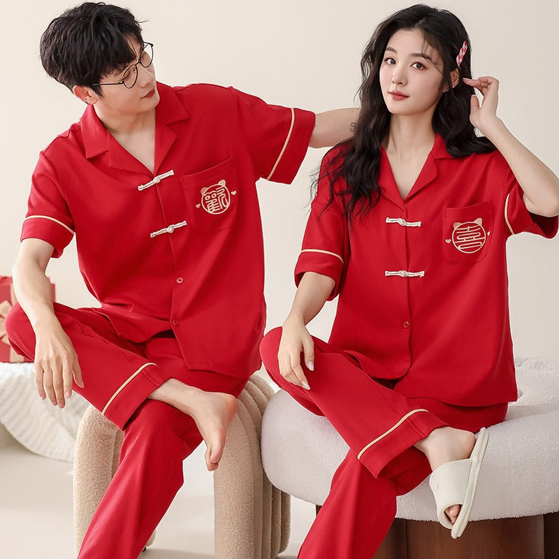 Summer short sleeved couple pajamas pure cotton women's home clothing casual and wearable set