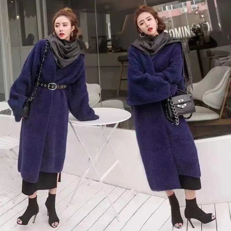 Autumn And Winter New Imitation Mink Velvet Mid-Length Sweater Coat Women's Over-The-Knee Loose Knitted Cardigan Coat