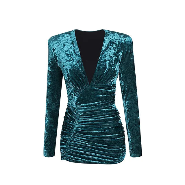 New Autumn Women's Sexy V-neck Long Sleeve Pleated Velvet Tight Mini Dress Elegant Celebrity Party Dress