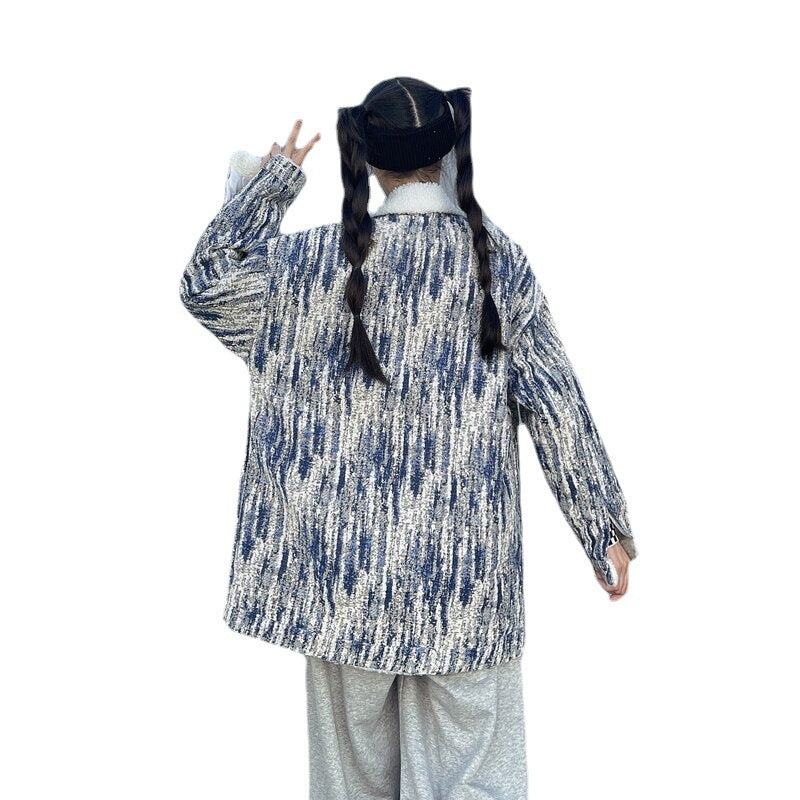 Lamb Wool Padded Jacket Women's Winter New Loose Retro Plus Velvet Thick Snowflake Denim Jacket