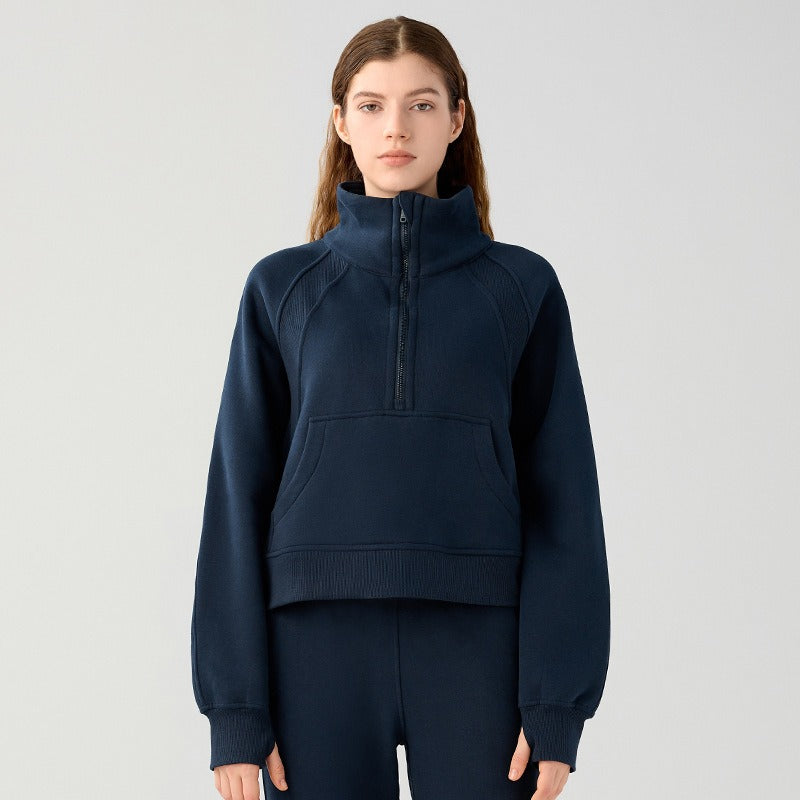 New velvet loose short sports sweatshirt with stand collar windproof and warm with pockets casual sports jacket for women