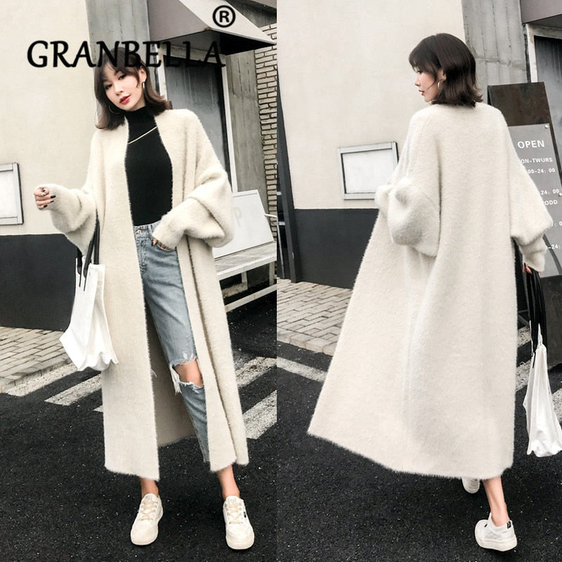 Lazy temperament thickened imitation mink velvet knitted cardigan mink sweater coat coat female loose bat mid-length