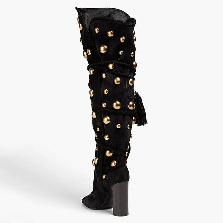 Studs Knee Boots Black Pointed Toe Velvet Shoes Women's Chunky Heel Tassel Fringe Metal Ball Cool Girl Punk Women Winter Boots
