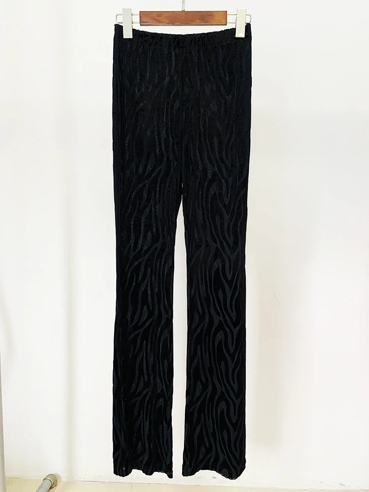 Suit Set Women's Elastic Perspective Embossed Velvet Playsuit Tops Flare Pants 2pcs