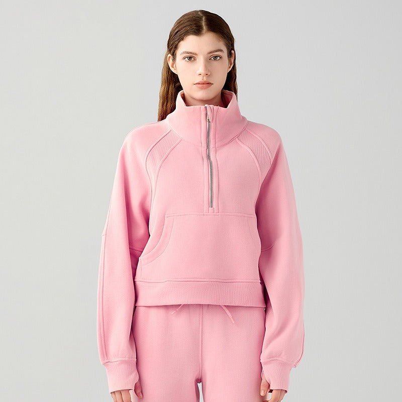 New velvet loose short sports sweatshirt with stand collar windproof and warm with pockets casual sports jacket for women