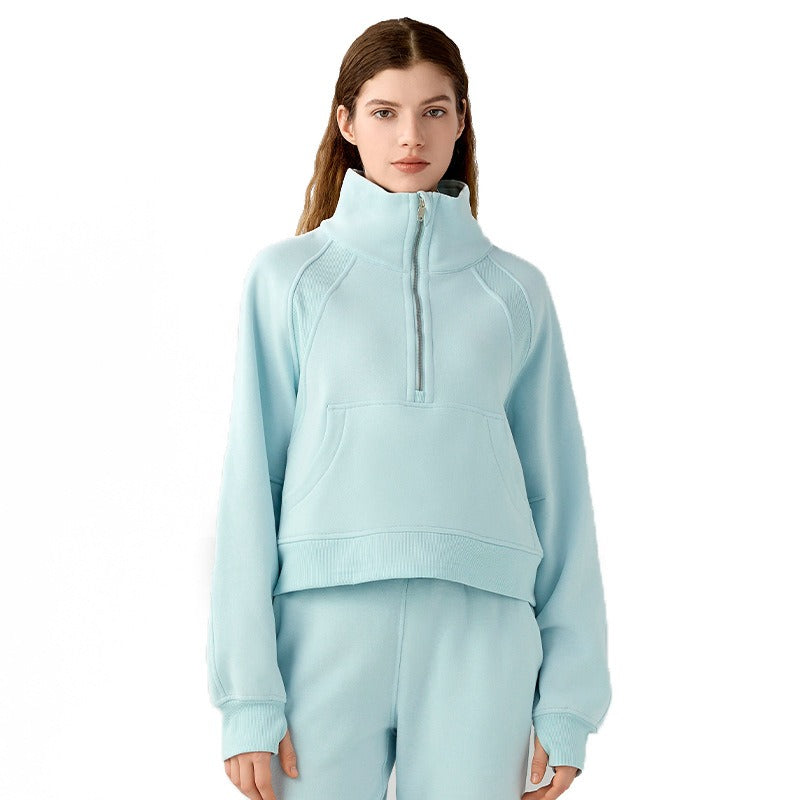 New velvet loose short sports sweatshirt with stand collar windproof and warm with pockets casual sports jacket for women