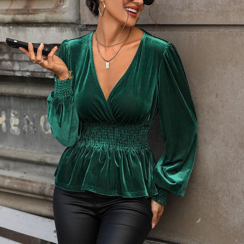 New European and American autumn women's long sleeved solid velvet shirt