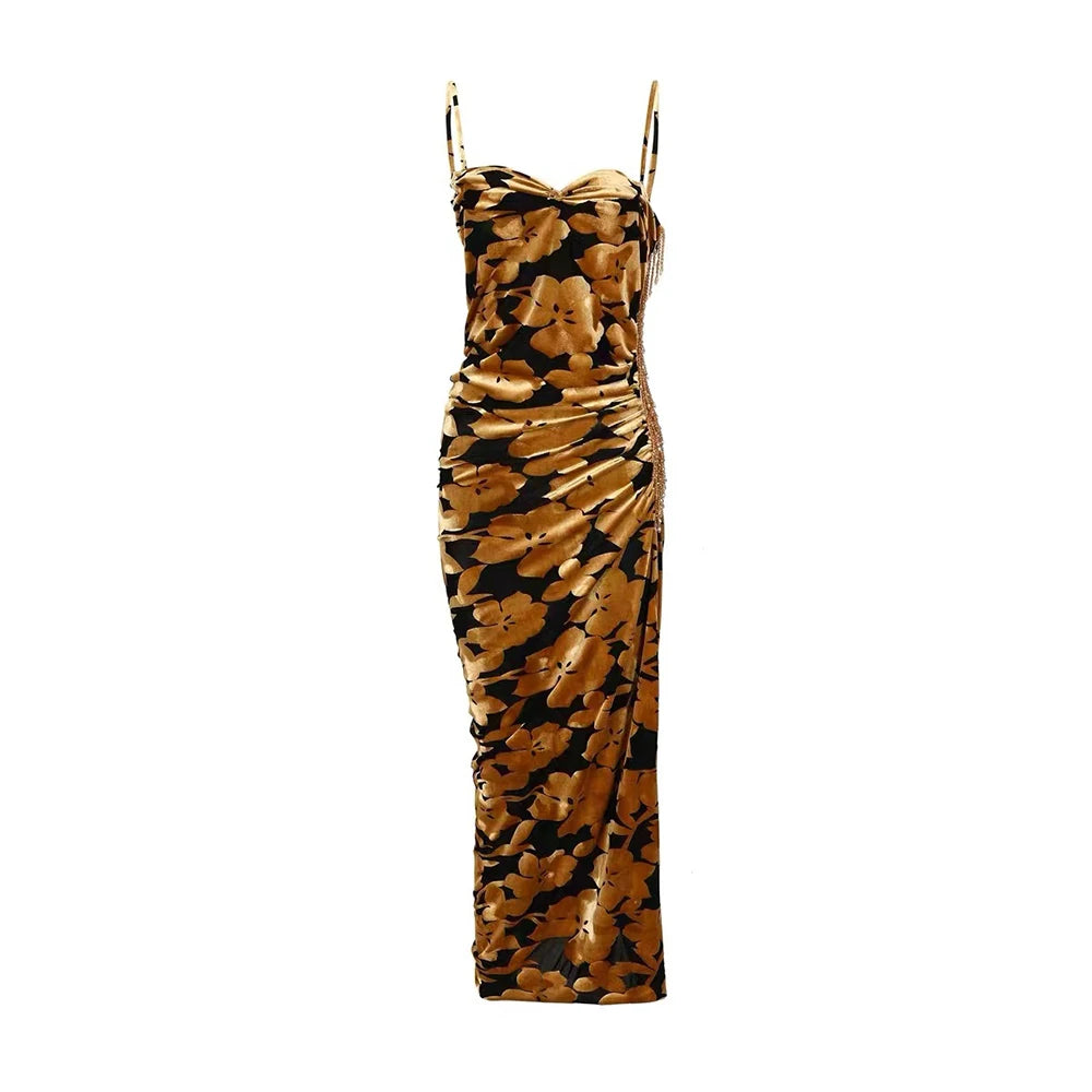 V-neck velvet suspender skirt pleated beaded tassel print medium length dress