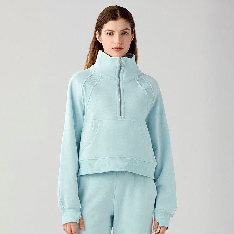 New velvet loose short sports sweatshirt with stand collar windproof and warm with pockets casual sports jacket for women