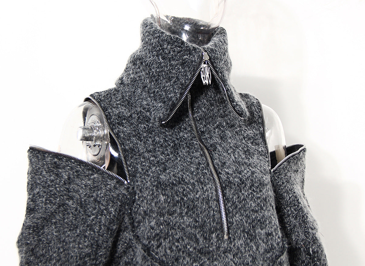 Unique Design Coat Spring And Autumn New Style Plus Velvet Thick Turtleneck Sweater Personality Off Shoulder Mid Length Top