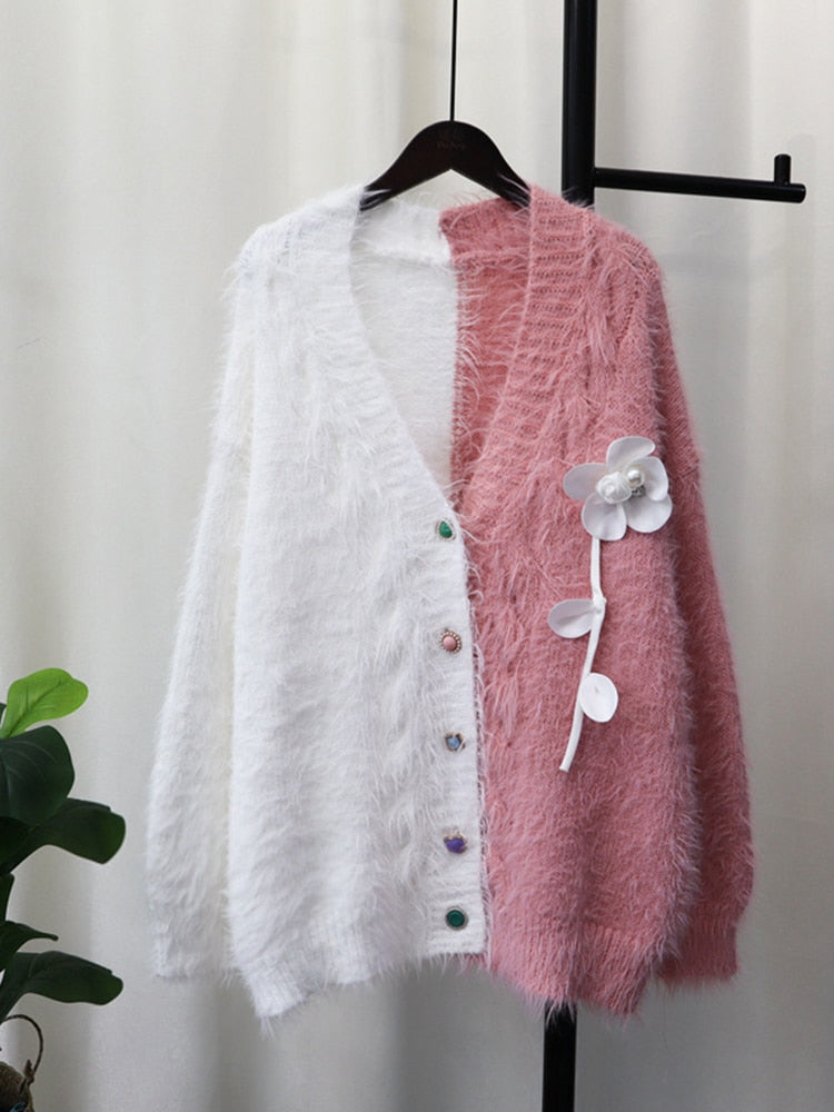 Collision Color Imitation Mink Velvet Knitted Cardigan Women's Autumn And Winter New Design Sense Flower Sweater Jacket