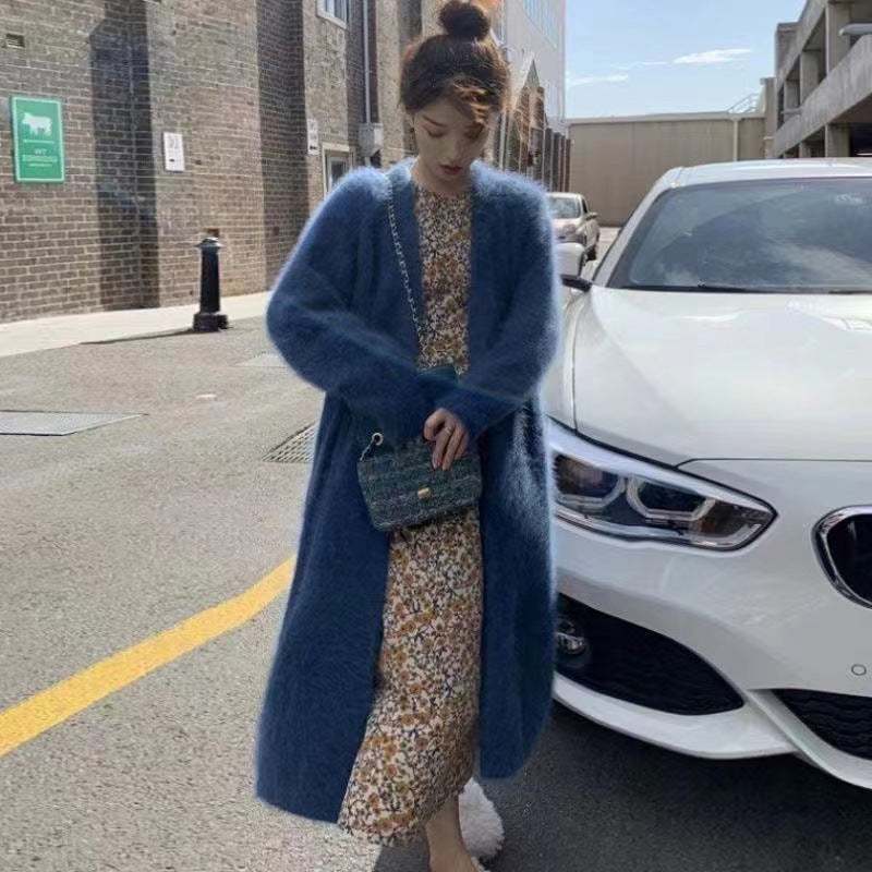 Autumn And Winter New Imitation Mink Velvet Mid-Length Sweater Coat Women's Over-The-Knee Loose Knitted Cardigan Coat