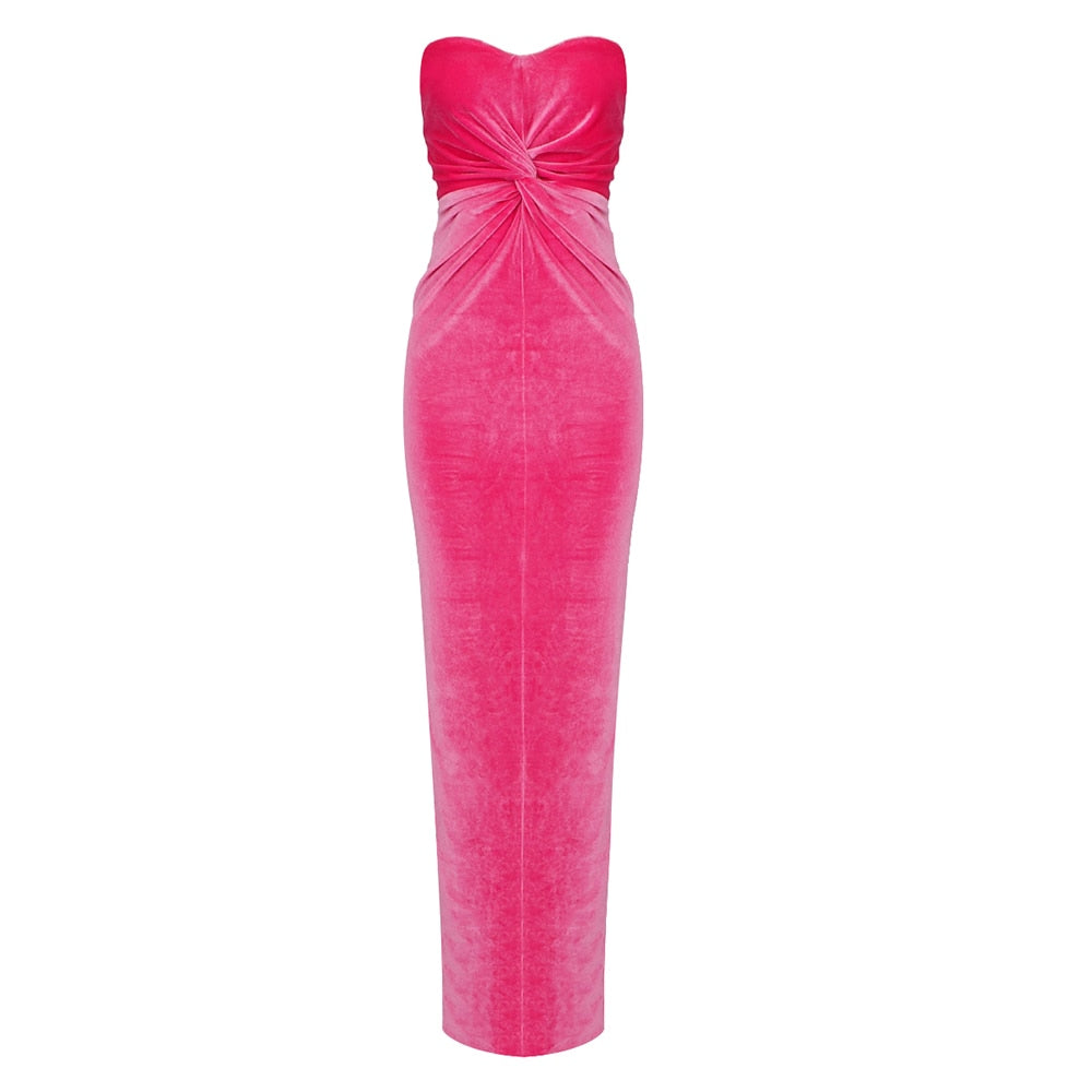 Hot Pink Strapless Velvet Dresses Women Summer Trendy Cross Knot Design Bodycon Long Elegant Dress