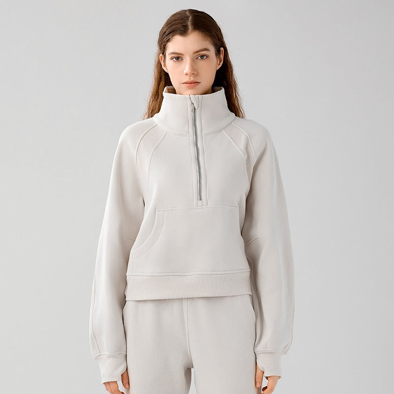 New velvet loose short sports sweatshirt with stand collar windproof and warm with pockets casual sports jacket for women