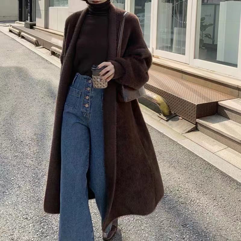 Autumn And Winter New Imitation Mink Velvet Mid-Length Sweater Coat Women's Over-The-Knee Loose Knitted Cardigan Coat