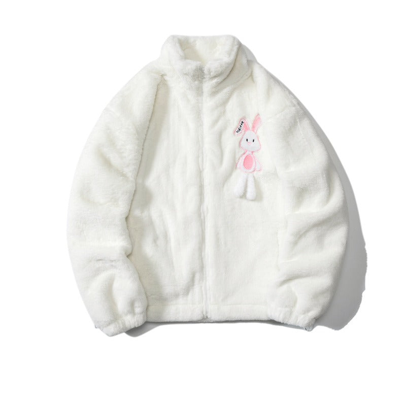 White rabbit embroidered flower cotton coat men winter imitation rabbit fur coat trendy plus velvet thickening loose