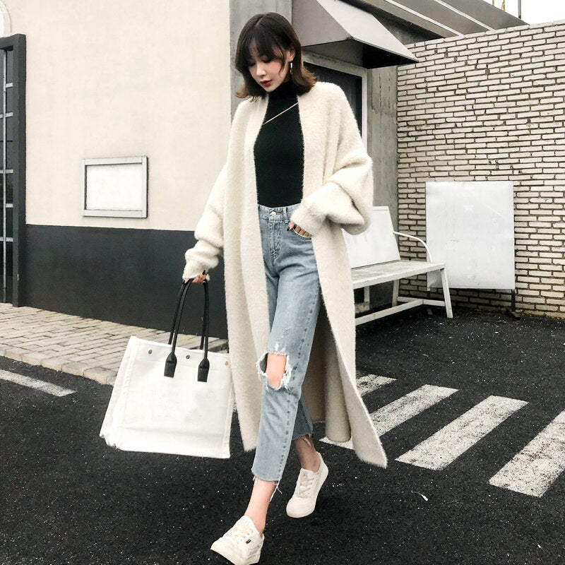 Lazy temperament thickened imitation mink velvet knitted cardigan mink sweater coat coat female loose bat mid-length