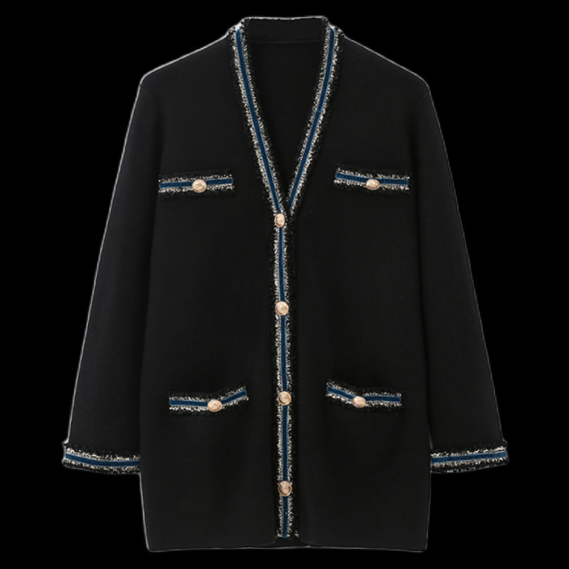 Autumn And Winter New Color Contrast Blue Velvet Edge Knitted Cardigan For Women