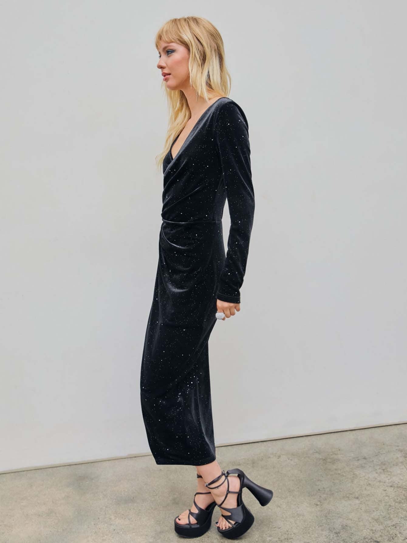 Temperament V-neck velvet starry sky mid length dress for women