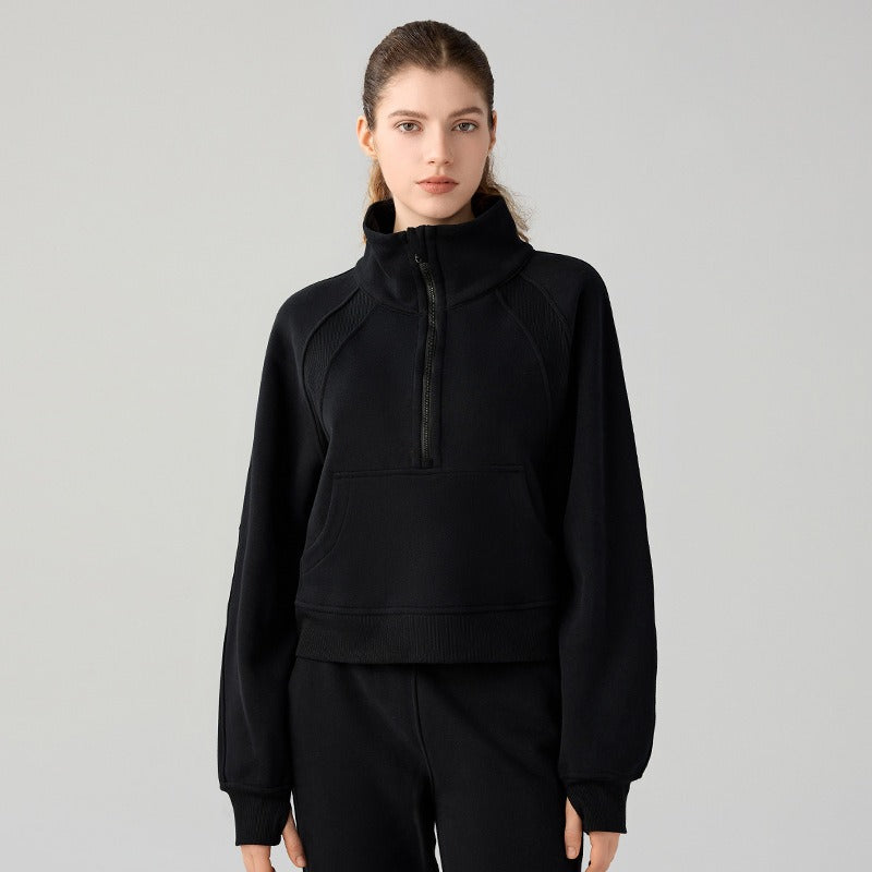 New velvet loose short sports sweatshirt with stand collar windproof and warm with pockets casual sports jacket for women