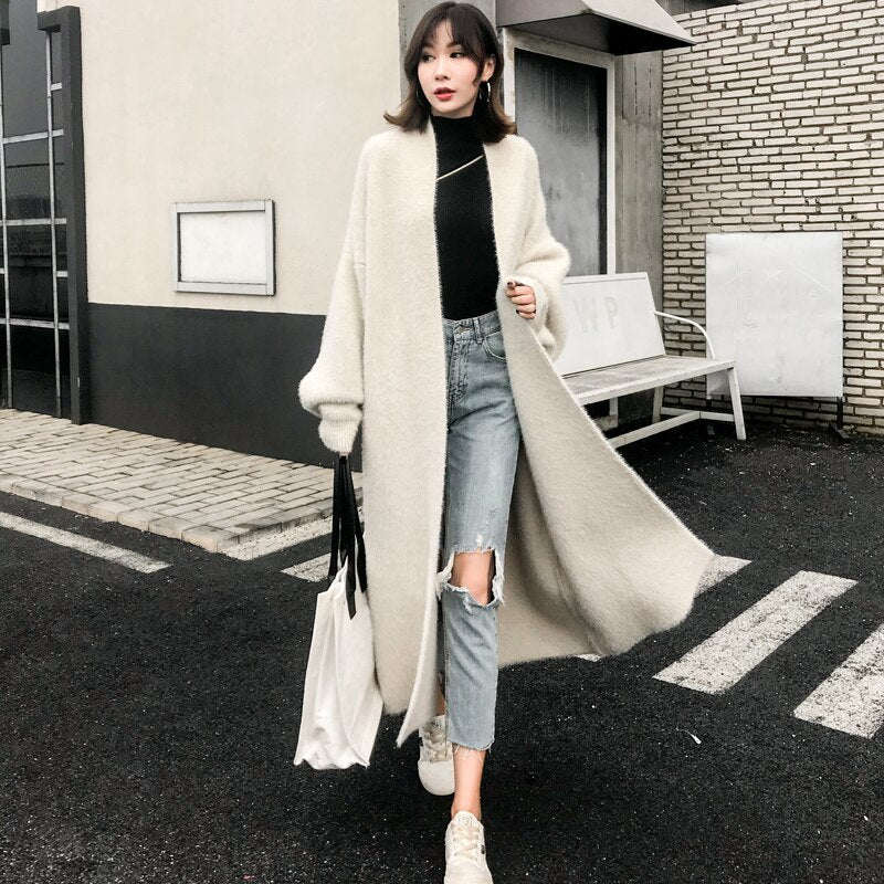 Lazy temperament thickened imitation mink velvet knitted cardigan mink sweater coat coat female loose bat mid-length