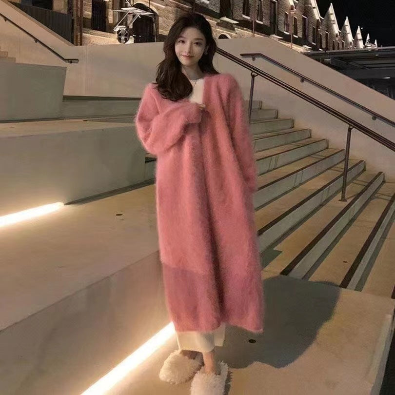 Autumn And Winter New Imitation Mink Velvet Mid-Length Sweater Coat Women's Over-The-Knee Loose Knitted Cardigan Coat