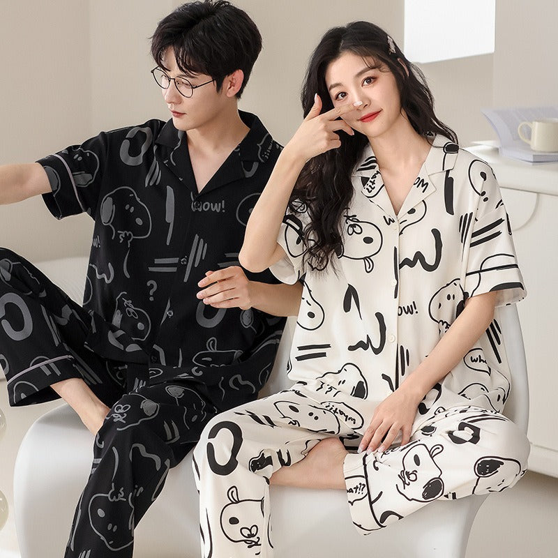 Summer short sleeved couple pajamas pure cotton women's home clothing casual and wearable set