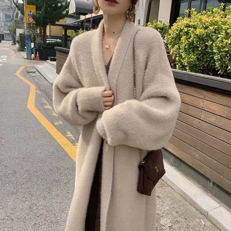 Autumn And Winter New Imitation Mink Velvet Mid-Length Sweater Coat Women's Over-The-Knee Loose Knitted Cardigan Coat