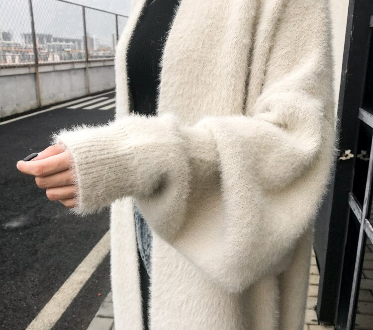 Lazy temperament thickened imitation mink velvet knitted cardigan mink sweater coat coat female loose bat mid-length