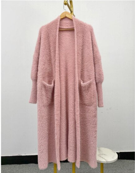 Women's Winter Loose Faux Mink Velvet Sweater Oversized Female Warm Knitted Woolen Cardigan Long fur Overcoat With Pocket