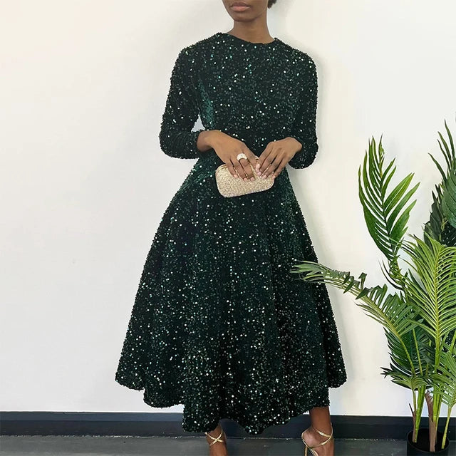 Sequins Velvet Long A-line Dress O-neck Long Sleeve High Waist Spring Shiny Evening Party Dresses Female Slim Fashion Robe