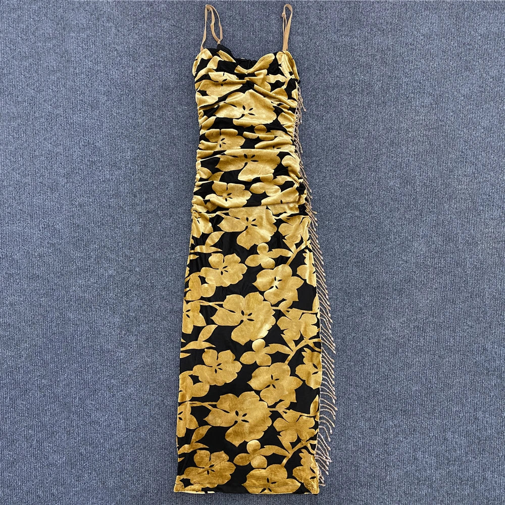 V-neck velvet suspender skirt pleated beaded tassel print medium length dress