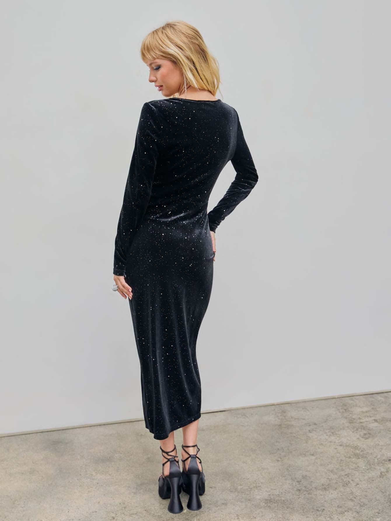 Temperament V-neck velvet starry sky mid length dress for women