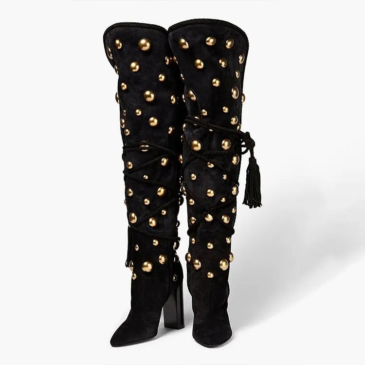 Studs Knee Boots Black Pointed Toe Velvet Shoes Women's Chunky Heel Tassel Fringe Metal Ball Cool Girl Punk Women Winter Boots