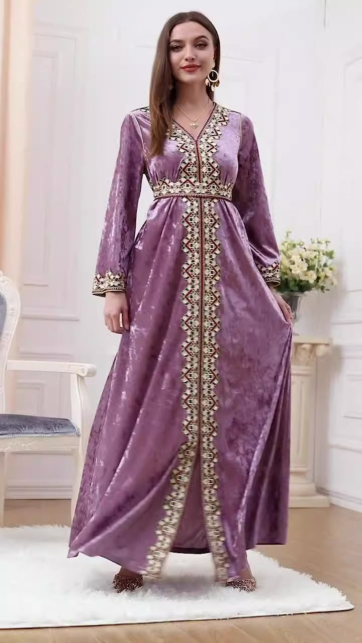 Muslim women's autumn and winter new loose fitting V-neck high-end women's long sleeved golden velvet dress