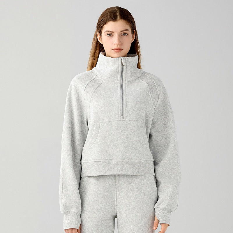 New velvet loose short sports sweatshirt with stand collar windproof and warm with pockets casual sports jacket for women